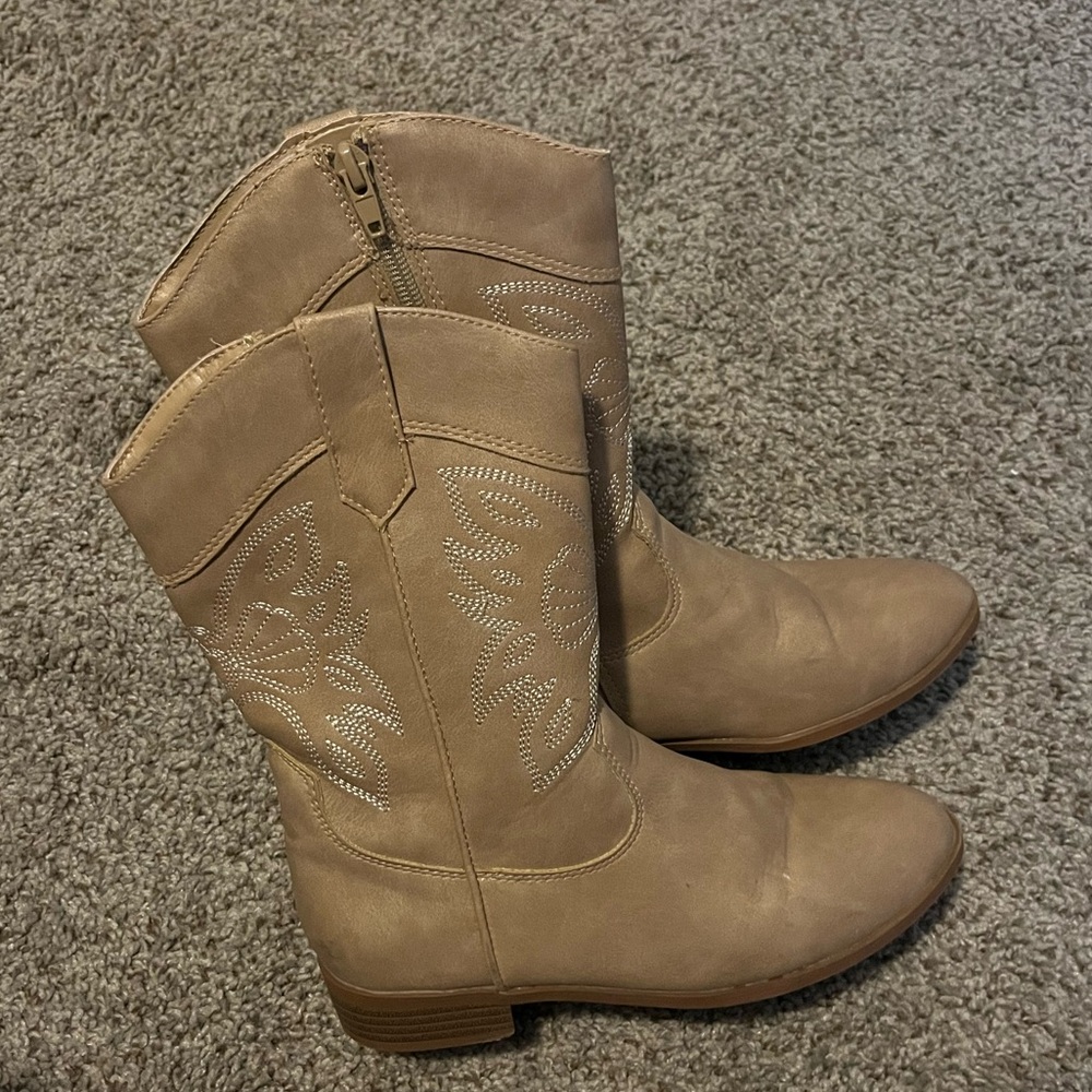 Sugar Girls Tan Western Cowboy Boots Embroidered Floral Side Zip Size 3 Big Kid